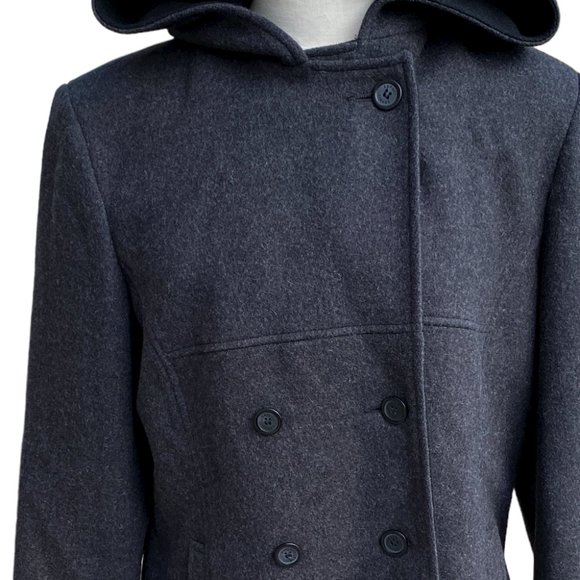 Esprit Wool Hooded Pea Coat Gray Outerwear Nautical Neutral Classic Preppy-L - Picture 2 of 14